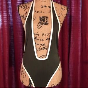 Stylish Olive Green and White Halter Swimsuit